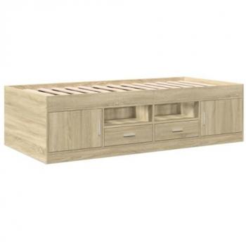 Sofá cama con cajones sin colchón 100x200cm, madera de ingeniería roble Sonoma, color marrón