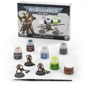 Necrones: Set de Guerreros + Set de Pintura - Incluye un conjunto de miniaturas de guerreros Necrones y un set de pintura con colores específicos para personalizar las figuras