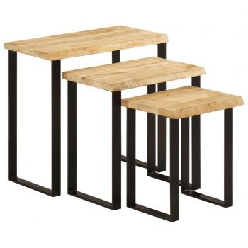 Set de 3 mesas apilables de madera maciza de mango con bordes vivos y acabado marrón