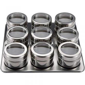San Ignacio Set 10pc especieros Acero Inoxidable Fresh Food, Cromado, 9 Botes de Especias de 6,3x4,3 cm Bandeja de 23x23x5 cms