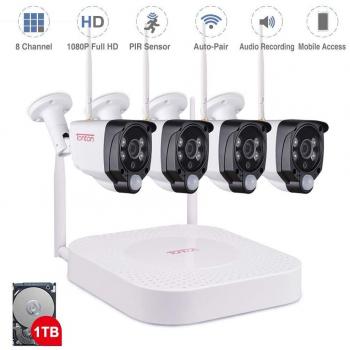 Sistema de cámaras de Seguridad inalámbricas Full HD 1080p Tonton, grabadora NVR 8CH con HDD de 1 TB y 4PCS 2.0 MP Cámaras de Bala Interiores para Interiores, Impermeables.