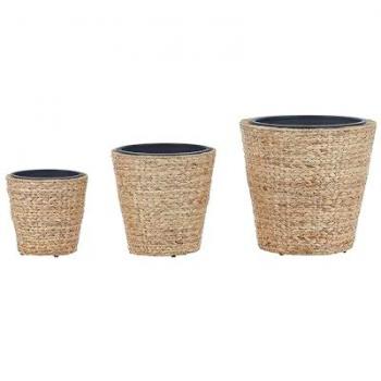 Conjunto de 3 macetas redondas de jacinto de agua natural con inserto sintético beige y negro