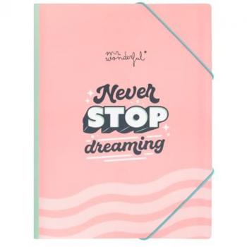 Carpeta con hojas transparentes Mr. Wonderful Never Stop Dreaming - 30 fundas de plástico transparente, dimensiones 9x16x1 cm, incluye gomas elásticas