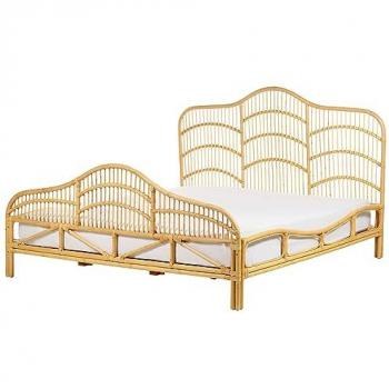 Cama matrimonial Boho de madera clara y ratán 180x200 cm con cabecero decorativo trenzado y base de somier en caoba