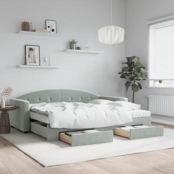 Sofá cama nido extraíble con cajones de terciopelo gris claro 90x200 cm