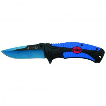 Navaja Asistida Third Alpha 60221A con mango de aluminio bicolor negro y azul, hoja de acero inoxidable negra de 9.5 cm y corte anodizado en azul, clip y funda incluidos