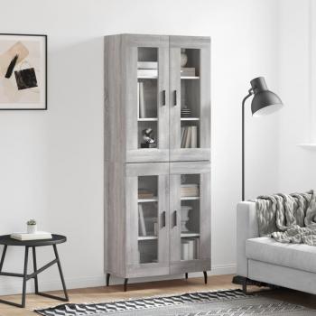 Aparador alto de madera contrachapada gris sonoma 69,5x34x180 cm con 2 puertas de cristal, mueble de almacenaje para salón, buffet y armario auxiliar