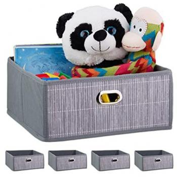 Cestos de Almacenaje Plegables de Bambú - Set de 5, Cuadrados en Tela para Baño, Color Gris (14 x 31 x 31 cm)