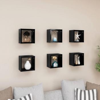 Estantes cubo de pared 6 unidades negro brillante 22x15x22 cm, mueble de almacenaje para oficina, estudio, sala de estar y dormitorio