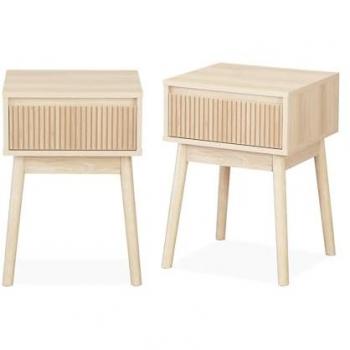 Mesita de noche Sweeek con un cajón, set de 2, Linear, Color Natural, dimensiones 39x39x55.4 cm, paneles laminados y patas de madera de abeto