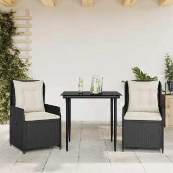 3-Piece Black Poly Rattan Garden Dining Set with Cushions