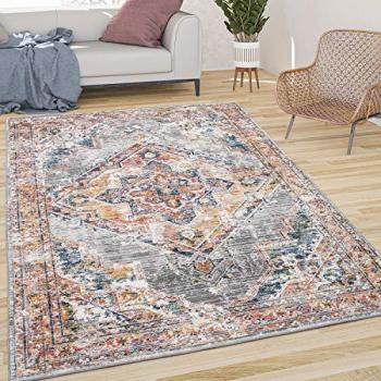 Alfombra Salón Pelo Corto Vintage Pastel Motivo Oriental Moderna Gris Amarillo 120x170 cm