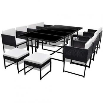 13-Piece Black Poly Rattan Outdoor Dining Set with Cushions