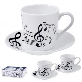 Set de 6 vasos de cristal modelo MÚSICA 14.5 cm con detalles en notas musicales y set de 2 tazas pequeñas de 6 cm modelo MÚSICA, blancas con detalles musicales negros