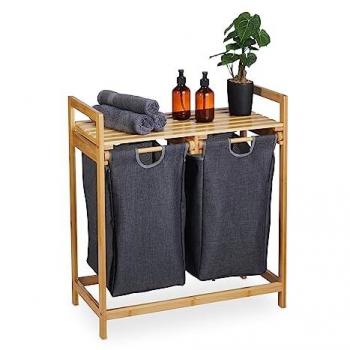 Estantería Cesto Ropa Sucia Relaxdays, Bambú, Extraíbles, 73x64x33 cm, 2 Sacos y 1 Balda, Cubo Lavandería, Natural/Gris