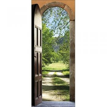 Pegatina mural trompe l'oeil de puerta abierta a pradera - Decoración interior 204 cm x 83 cm