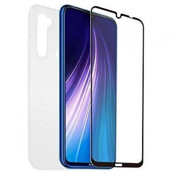 muvit for change Pack Xiaomi Note 8T Funda transp.+protec.de Pantalla Vidrio Templado Plano Marco Negro Antibacteriano