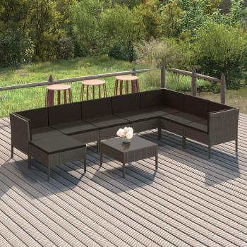 9-Piece Grey Poly Rattan Garden Lounge Set with Cushions