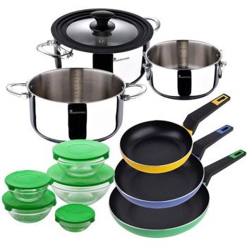 San Ignacio Batería de Cocina 4 Piezas con 3 Sartenes de Aluminio Prensado Ø18/22/26cm y 5 Boles de Cristal con Tapa
