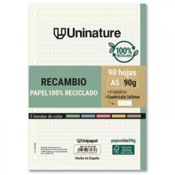 Recambio reciclado A5 90 hojas 90gr cuadrícula 5x5 mm con taladros 5 bandas color Uninature 53393500