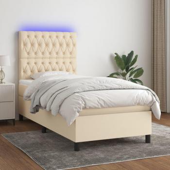 Cama box spring blanda con colchón y luces LED en tela crema 80x200 cm