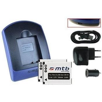 2 Baterìas + Cargador (USB/Coche/Corriente) para Pentax D-Li88 / Panasonic VW-VBX070 / Sanyo DB-L80 / Toshiba PX1686. - Ver Lista