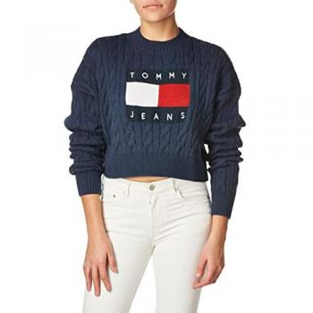 Tommy Jeans Women's Blue Crew Neck Sweater with Embroidered Flag, Size XL