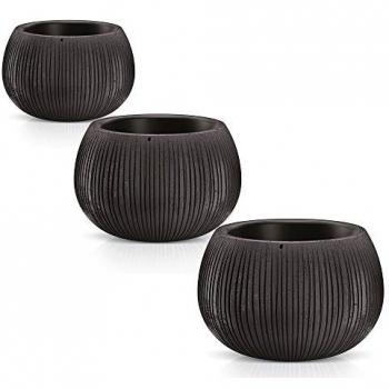 Pack 3 Macetas PROSPERPLAST BETON BOWL de Plástico con Depósito en Color Cemento Negro para Decoración de Interiores y Exteriores, Tamaño Set M