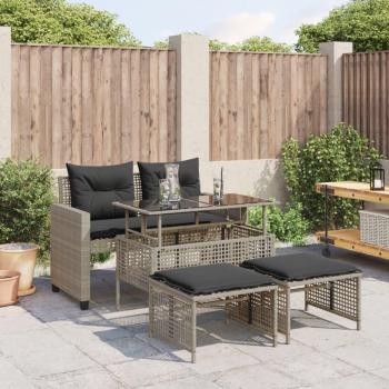 Sofá de jardín 4 piezas con almohadas gris claro de Polyrattan y vidrio