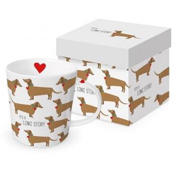 Taza de porcelana Long Story con diseño de animales y perro salchicha en caja regalo, dimensiones 9x9x9 cm