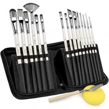 Fuumuui Juego de pinceles para pintar 17 PCS Artist Incluye un estuche emergente con un cuchillo de paleta gratuito y una esponja para la pintura de acuarela aguada, acrílico y gouache