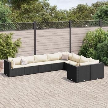 9-Piece Black Poly Rattan Garden Sofa Set with Cushions