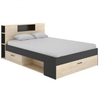Cama con cabecero con compartimentos y cajones - 160x200 cm - Color: natural y antracita - LEANDRE