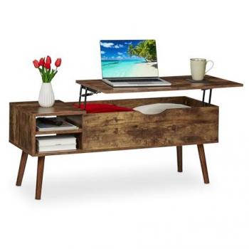 Mesa Centro Elevable Industrial con 2 Compartimentos Laterales y Almacenaje, 45x108x40cm, Marrón - Relaxdays