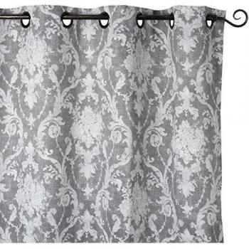 Cortina Opaca con Ojetes Motivo Grandes Flores Barrocas - Gris Antracita - 145 x 260 cm
