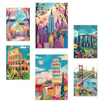 Set de 6 Pósters de Monumentos Inspirados en Mary Blair - Eiffel, Coliseo, Pisa, Golden Gate, Stonehenge, Empire State - Ilustraciones para Decorar Paredes del Hogar A3 y A4