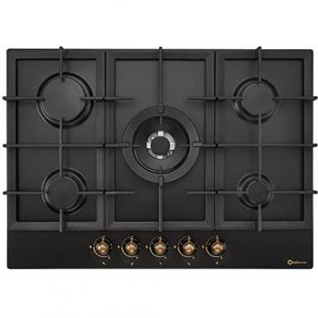 Placa de Gas Encastrable Negra Rústica 70 cm con 5 Fuegos y Encendido Automático - Solthermic BL032