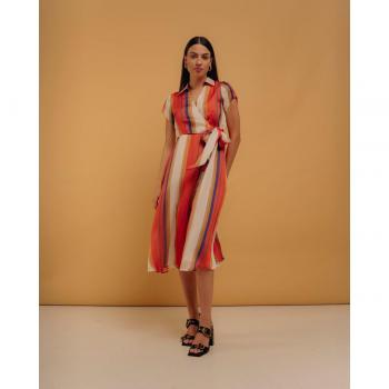 Vestido Midi Cruzado Cuello Solapa Estampado Multicolor Mujer