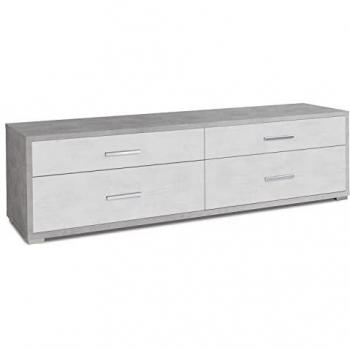 Mueble de TV bajo Sarmog con 4 cajones en cemento y óxido blanco, dimensiones 179x47x50 cm