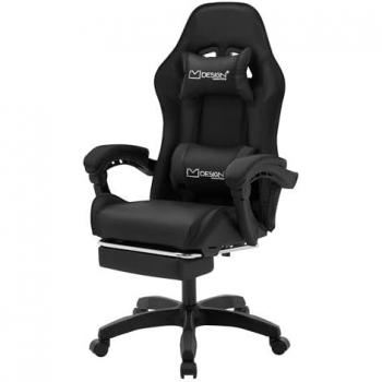 Silla Gaming Ergonómica Negra con Reposapiés, Reposabrazos, Cojín Lumbar y Reposacabezas - Sillón Giratorio de Imitación Cuero para Oficina y Videojuegos
