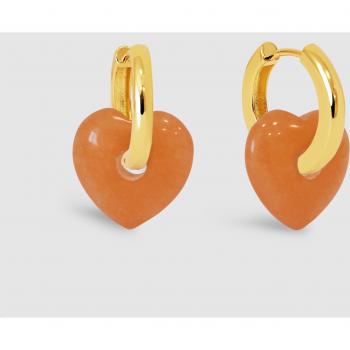 Pendientes Corazón Jade de aleación de metales bañados en oro - Pendientes en Latón con Acabado en Baño Oro de 18Kt - Pendientes con Motivo Corazón en Piedra Natural Jade Naranja - Cierre