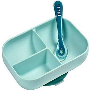 BÉABA Set Comida, Plato Compartimentado de Silicona con Ventosa + Cuchara de Silicona, Adhiere a la mesa/bandeja de la trona, Compatible con el microondas, Azul