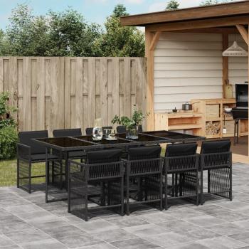 Set de comedor de jardín 9 PCs con almohadas negras en Polyrattan