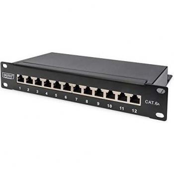 DIGITUS Cat 6A Patch Panel, Shielded,12-Port Label Field, 1U, 10 Rack Mount, Black RAL 9005