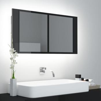 Armario espejo de baño con luz LED negro brillante 90x12x45 cm