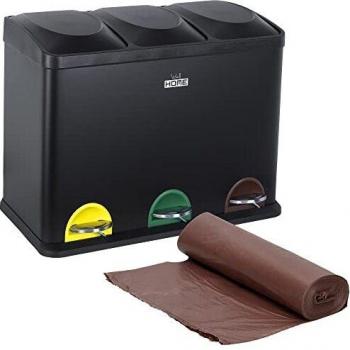 Pack de Cubo de reciclaje 45 L. de 3 compartimentos CON rollo de 20 bolsas de basura de 20 L., reciclaje de basura / cubos de reciclaje, Gran Capacidad, para Papel, Vidrio y Plástico, en color NEGRO