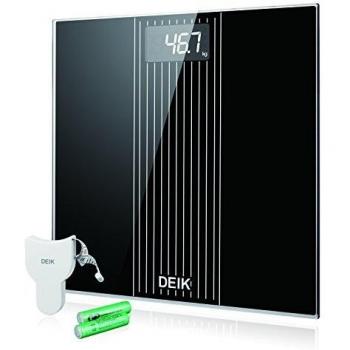 Deik Báscula Baño Digital, Báscula Electrónica de Alta Precisión Gran Plataforma Transparente y Pantalla LCD Retroiluminada, 180 Kilogramo, Incluida Herramienta de Medición y 2 Baterías AAA, Negro