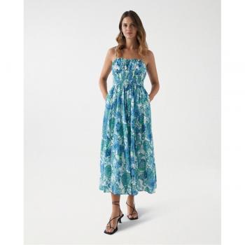 Vestido Salsa azul flores midi palabra de honor