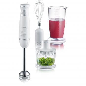 SEVERIN SM 3798 Juego de Batidora de mano, incluso recipiente con tapa, varilla batidora, picadora y soporte de pared, 600 W, Acero inoxidable y Blanco