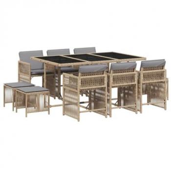 Set comedor de jardín 11 pzas con cojines ratán sintético beige